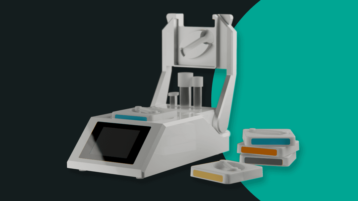 Product graphic featuring an open white AndroStation laboratory device with visible sample tubes alongside a stack of color-coded sFlow cartridges, presented on a dark grey background with a teal accent.